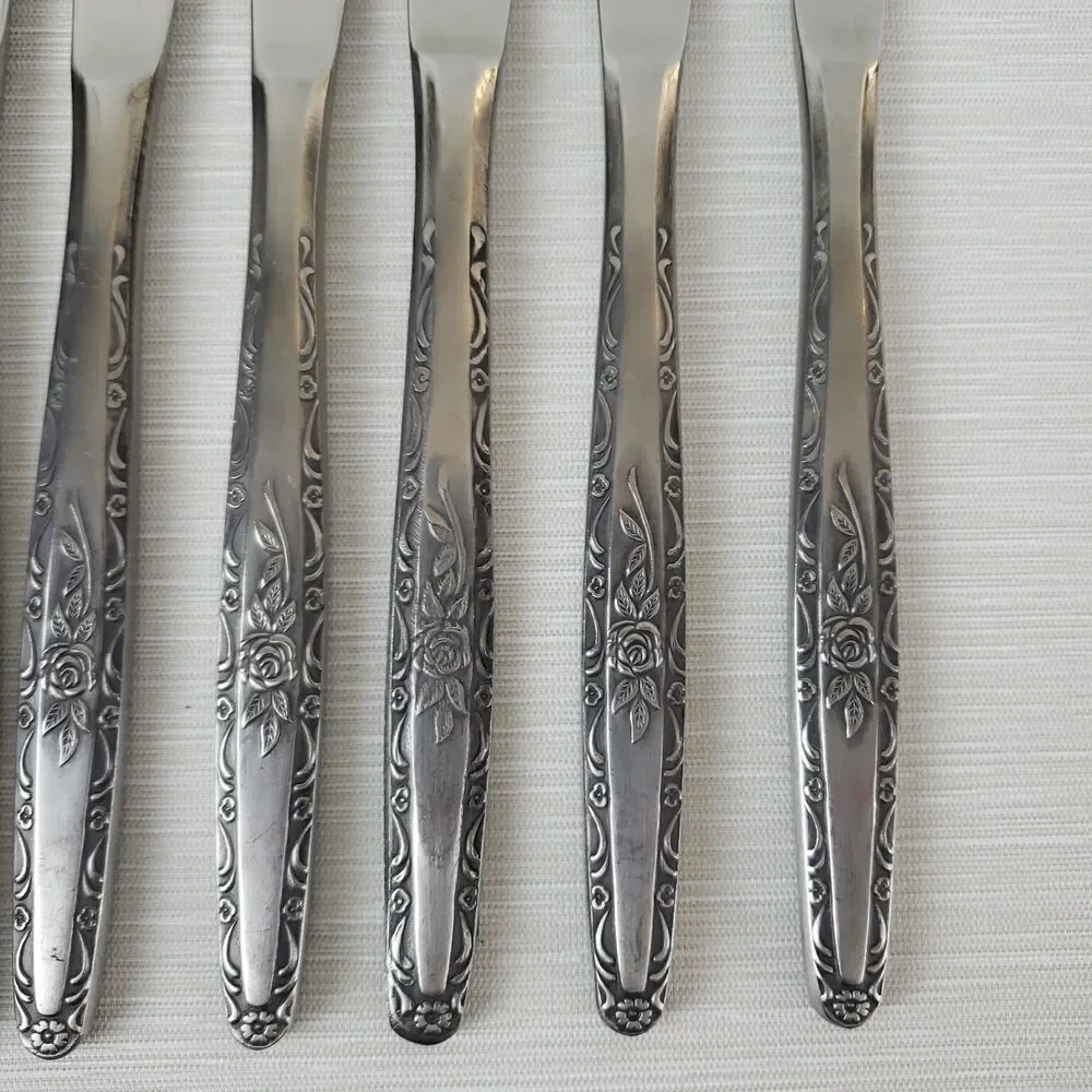 Vintage Single Rose Stainless Steel Butter Knives 8 Pcs Silverware Japan MCM